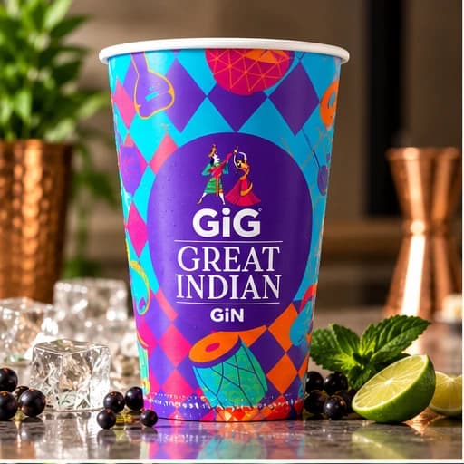 A GiG Great Indian Gin paper glass printed edge to edge with a harlequin pattern, drums and two dancers on a purple badge