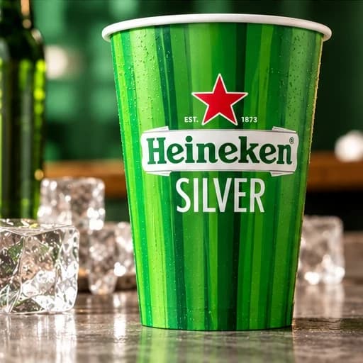 A Heineken Silver paper glass printed in green stripes with the red star and wordmark