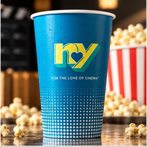 A blue NY Cinemas paper glass printed with the logo, For the love of cinema, and a fading dot pattern