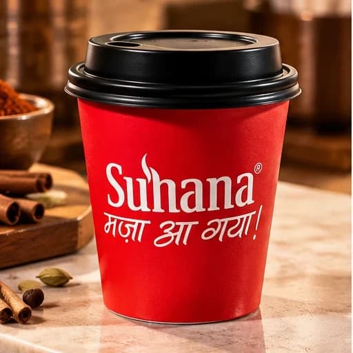 A red Suhana paper glass with a black sipper lid, printed with the Suhana wordmark and मज़ा आ गया!